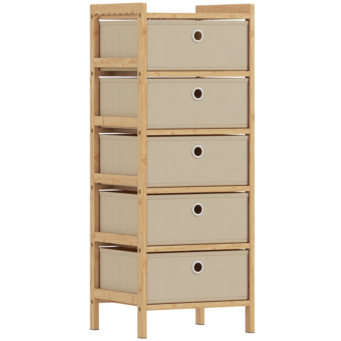 Photo of HOMCOM Chest of Drawers, 5 Fabric Drawers Narrow Dresser with Bamboo Frame, Cream White in White colour on a white background