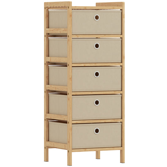 Photo of HOMCOM Chest of Drawers, 5 Fabric Drawers Narrow Dresser with Bamboo Frame, Cream White in White colour on a white background