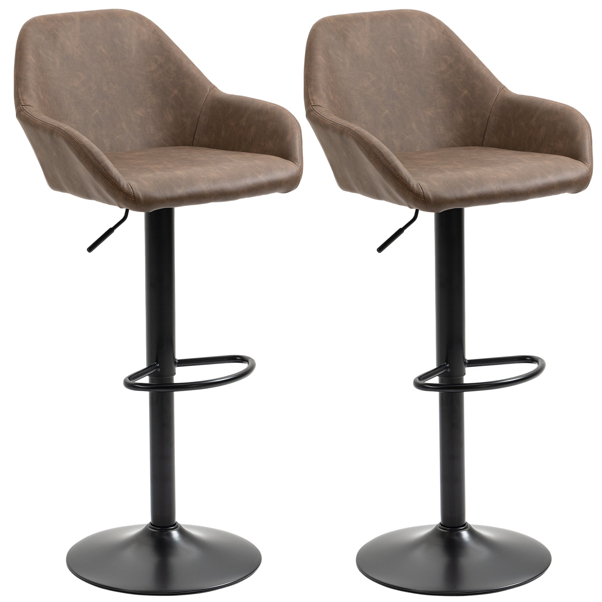 Photo of HOMCOM Bar Stools Set of 2, Height Adjustable Swivel Barstools, PU Leather Kitchen Stools with Backs, Armrests and Footrest for Home, Counter and Dining Room, Dark Brown in Brown colour on a white background