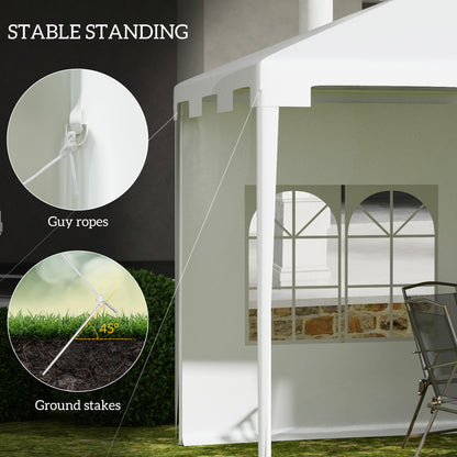 Gazebo corner secured with a guy rope and ground stake