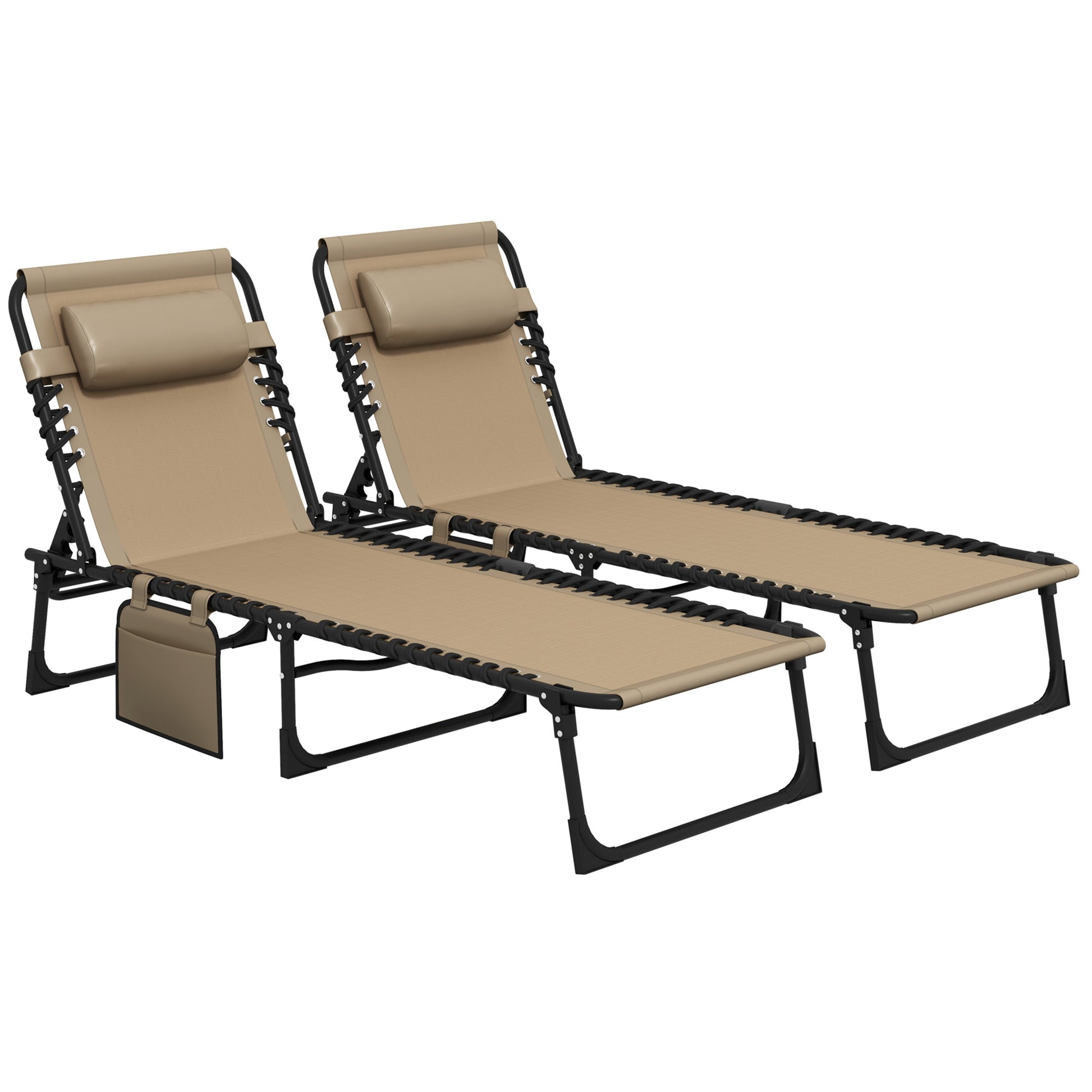 Photo of Outsunny Portable Sun Lounger Set of 2, Folding Camping Bed Cot, Reclining Lounge Chair 5-position Adjustable Backrest with Side Pocket, Pillow for Patio Garden Beach Pool, Beige in Beige colour on a white background