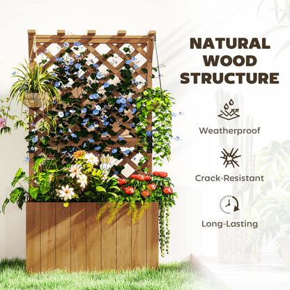 Outsunny wooden raised planter with trellis holding climbing vines and flowers