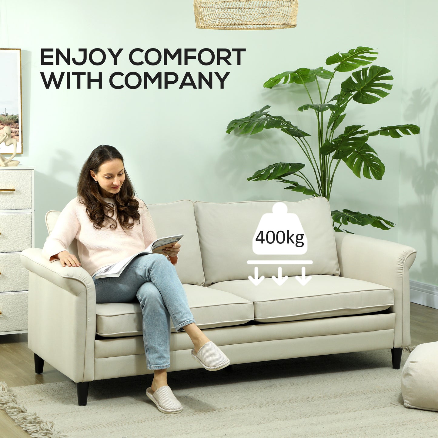 HOMCOM 3 Seater Sofa, Modern Fabric Sofa Couch with Spring Cushion, Rubber Wood Legs, 191cm Upholstered Settee for Living Room, Bedroom, Home Office, Guest Room, Cream White
