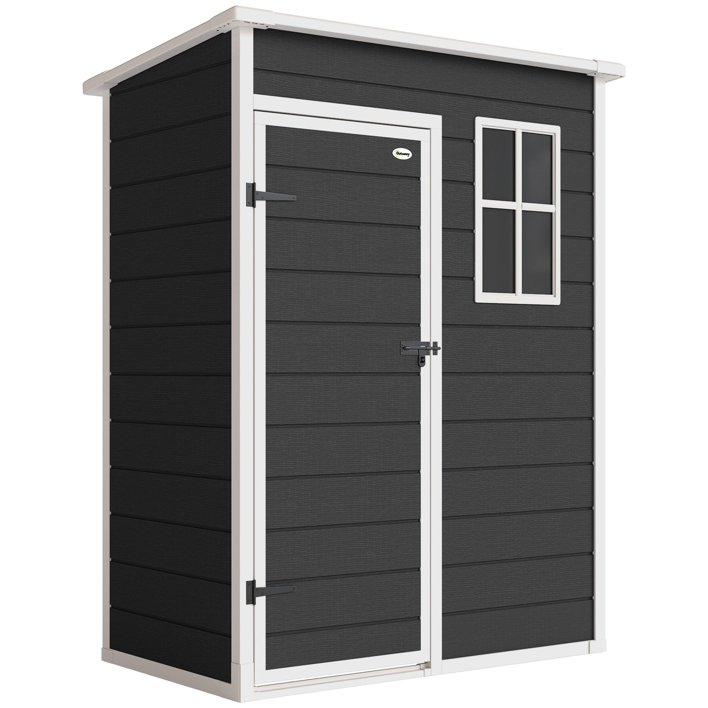 Photo of Outsunny 5' x 3' Garden Shed with Floor, Outdoor Storage Shed with Lockable Door, Window and Vent, Black in Black colour on a white background