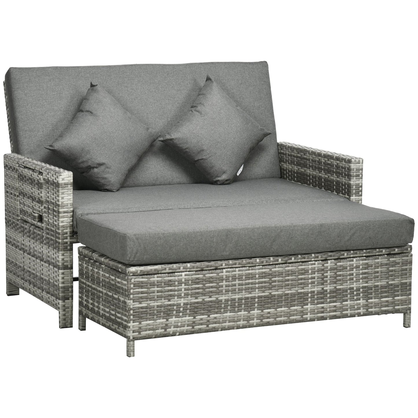 Photo of Outsunny Rattan Garden Daybed, Assembled Double Sun Lounger with 5-Level Adjustable Back, Storage Ottoman, Cushions, Pillows and Retractable Trays, Outdoor Loveseat Sofa Bed for Patio, Mixed Grey in Grey colour on a white background