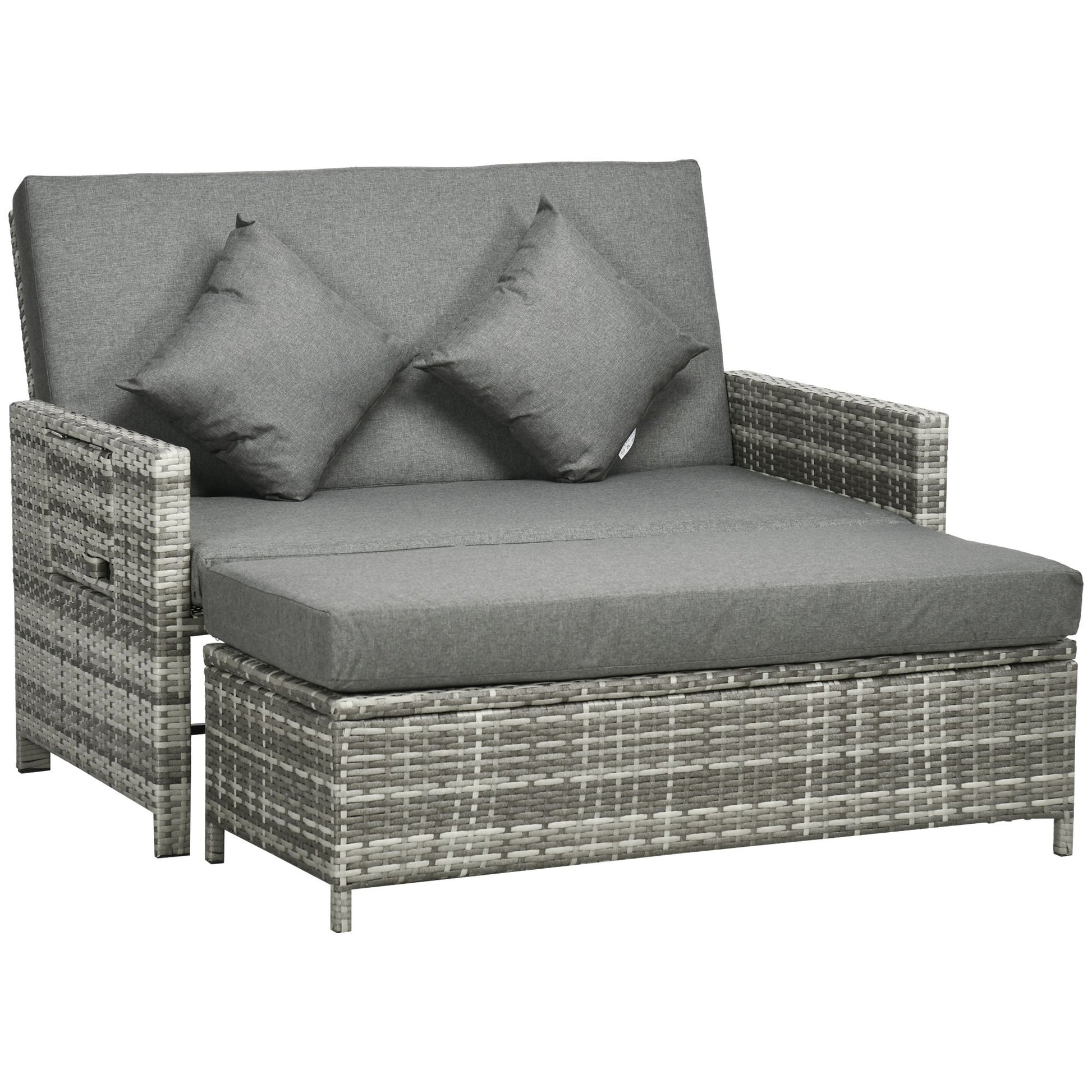 Photo of Outsunny Rattan Garden Daybed, Assembled Double Sun Lounger with 5-Level Adjustable Back, Storage Ottoman, Cushions, Pillows and Retractable Trays, Outdoor Loveseat Sofa Bed for Patio, Mixed Grey in Grey colour on a white background