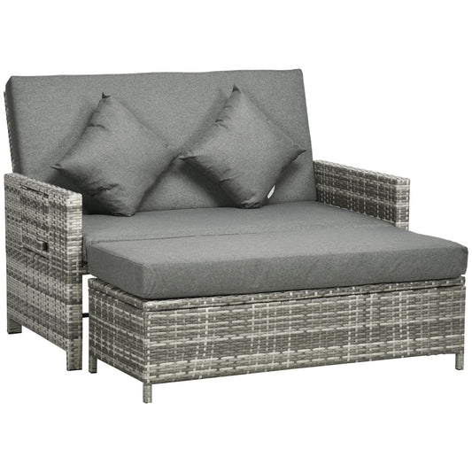 Photo of Outsunny Rattan Garden Daybed, Assembled Double Sun Lounger with 5-Level Adjustable Back, Storage Ottoman, Cushions, Pillows and Retractable Trays, Outdoor Loveseat Sofa Bed for Patio, Mixed Grey in Grey colour on a white background