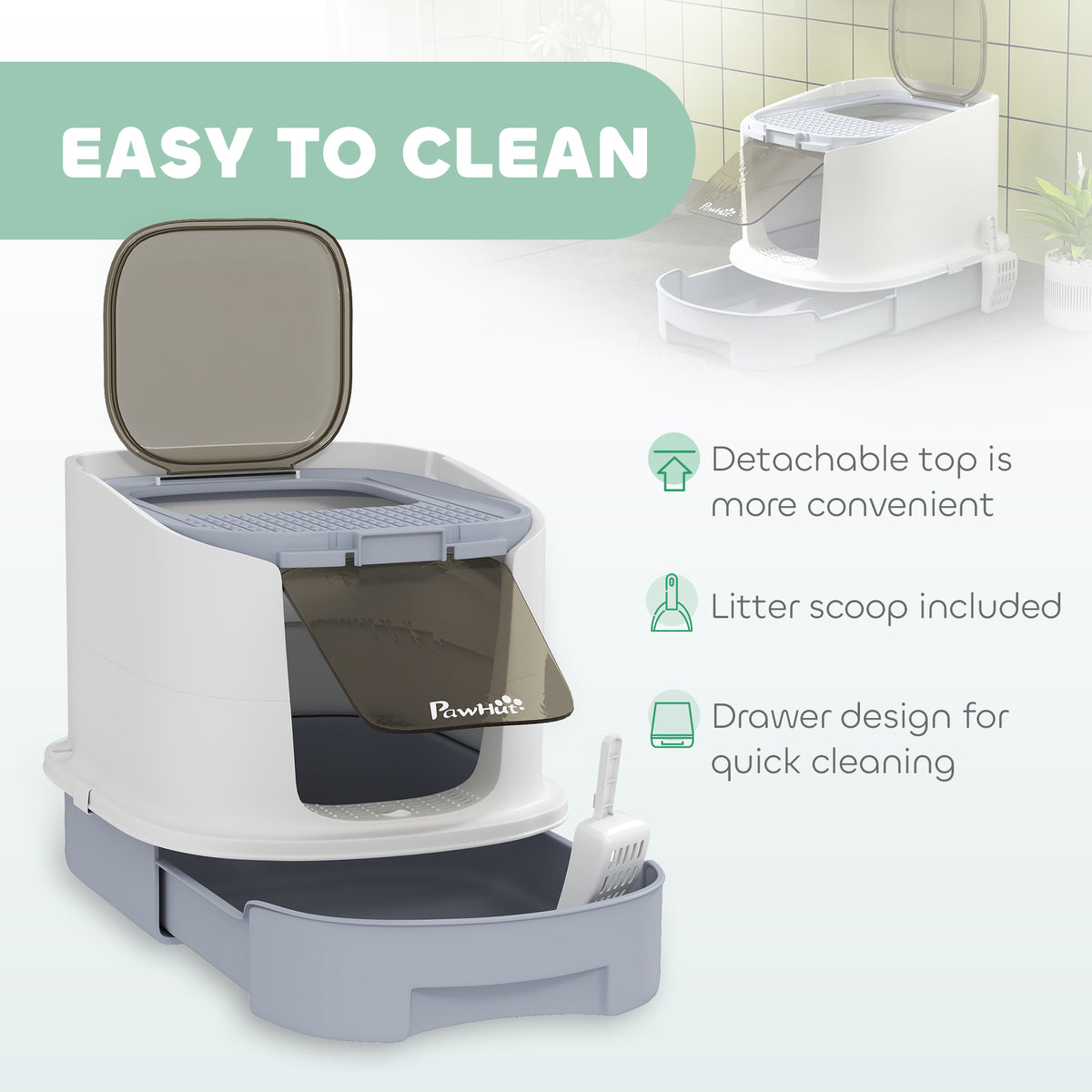 PawHut cat litter box with open cleaning drawer and included scoop