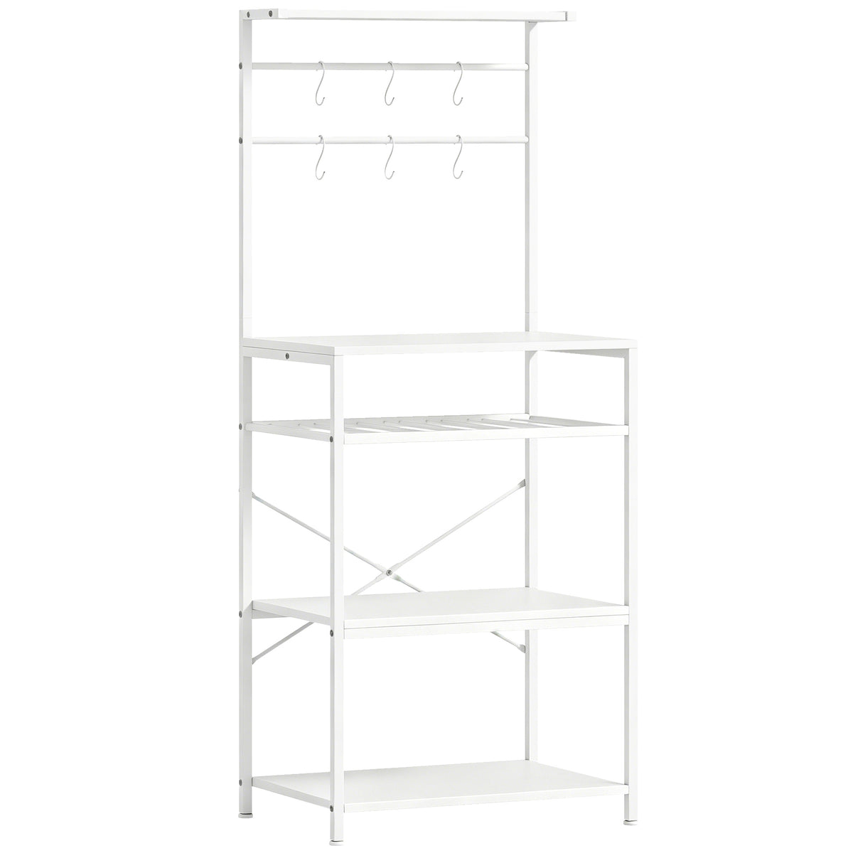 Photo of HOMCOM Freestanding Shelving Unit, Industrial Storage Shelf with 6 Hooks and Wine Rack for Living Room, Home Office, White in White colour on a white background