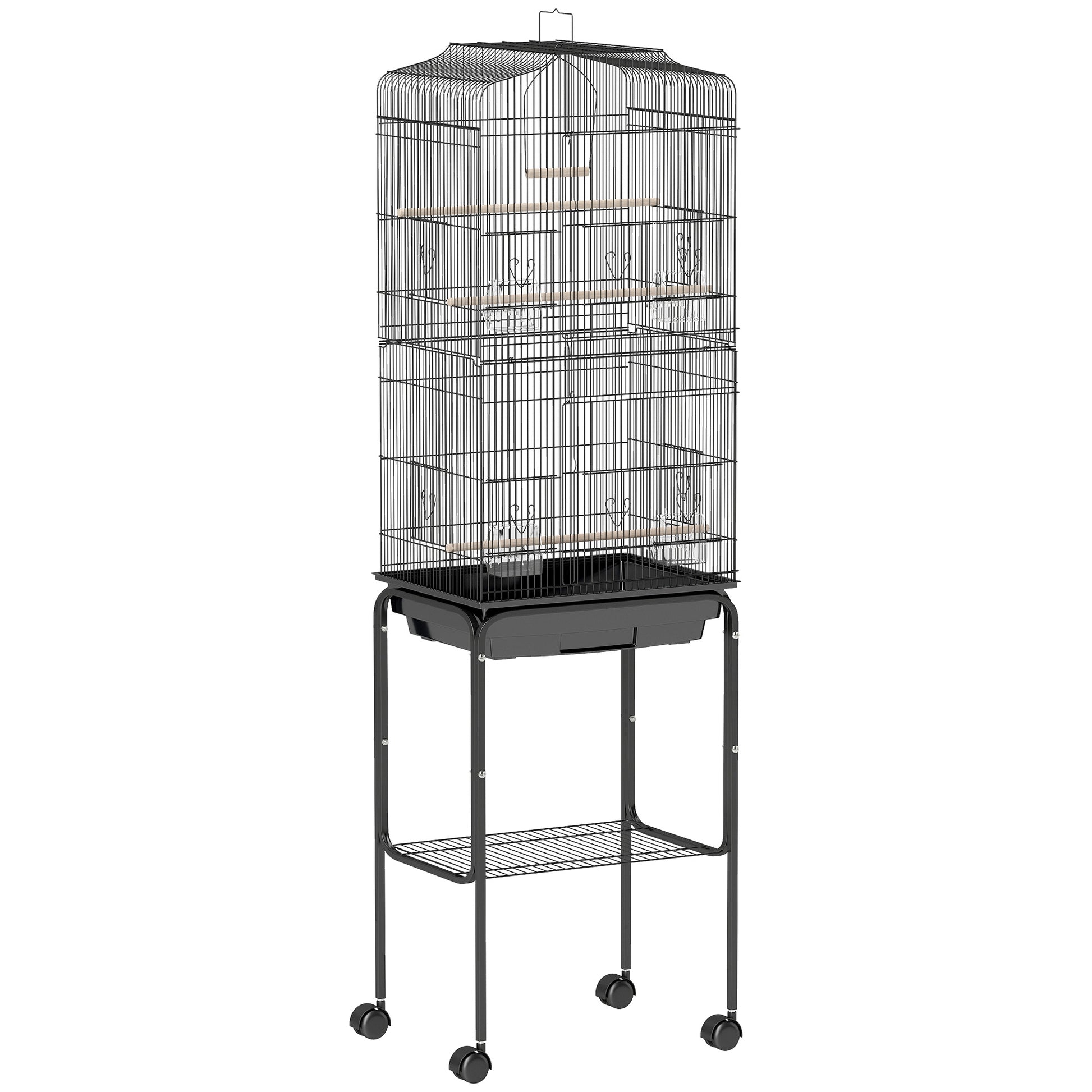 Photo of PawHut Bird Cage Budgie Cages for Finch Canary Parakeet with Stand Wheels Slide-out Tray Accessories Storage Shelf, Black 46.5 x 36 x 157 cm in cm colour on a white background
