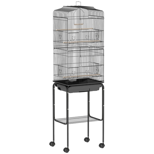 Photo of PawHut Bird Cage Budgie Cages for Finch Canary Parakeet with Stand Wheels Slide-out Tray Accessories Storage Shelf, Black 46.5 x 36 x 157 cm in cm colour on a white background