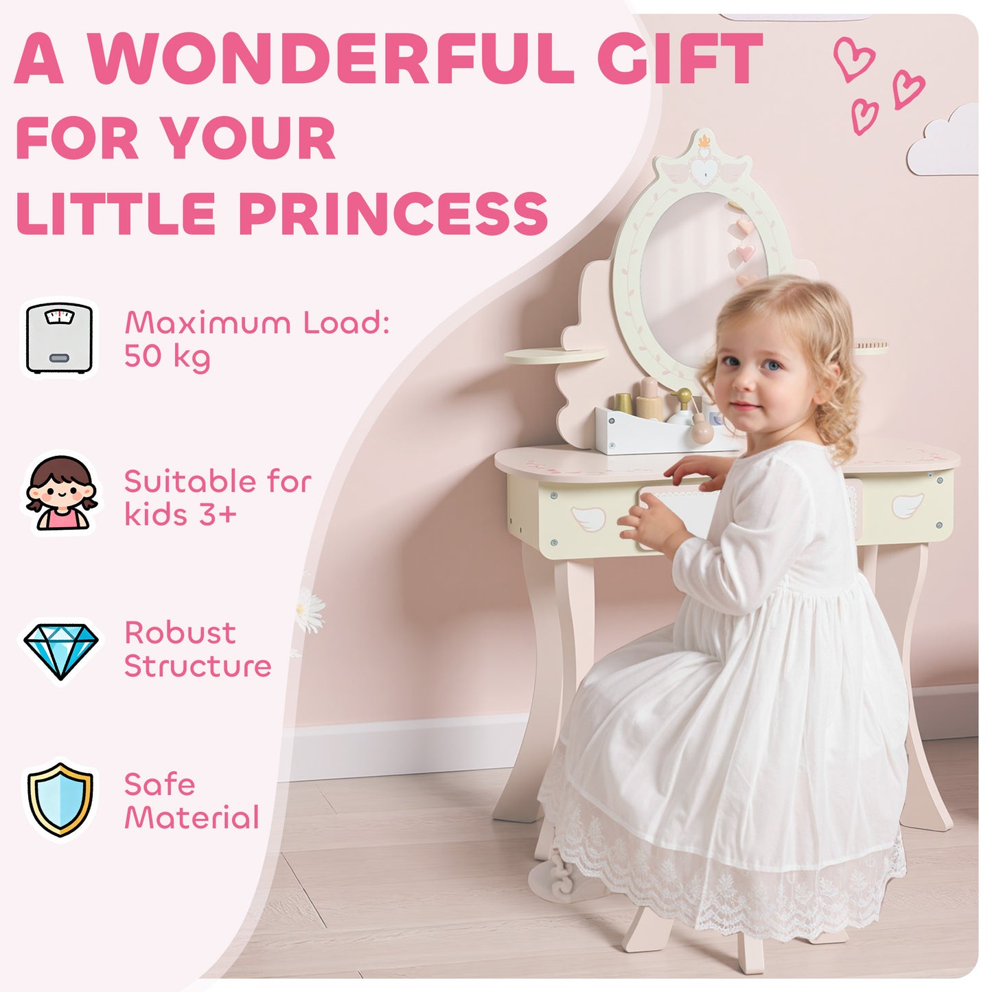 AIYAPLAY Kids Dressing Table, Girls Vanity Set with Mirror and Stool, 7 Play Accessories, Drawer, Desktop Storage, Pink