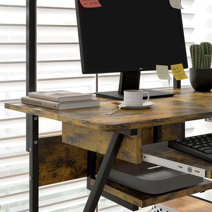HOMCOM work desk close-up of the brown wood-look top, keyboard tray and storage rack