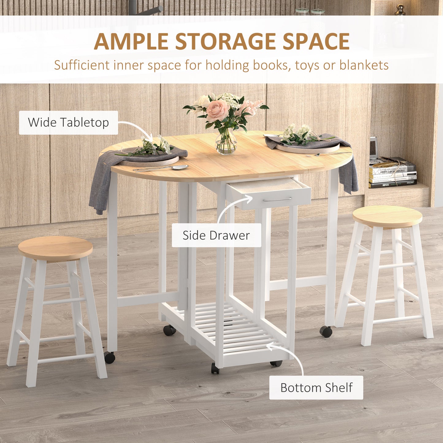 HOMCOM 3 Pieces Dining Room Set, Mobile Foldable Dining Table and 2 Stools with Storage Shelf, 2 Drawers and 6 Wheels, Drop Leaf Bar Table and Stools for Home Kitchen Pub, White
