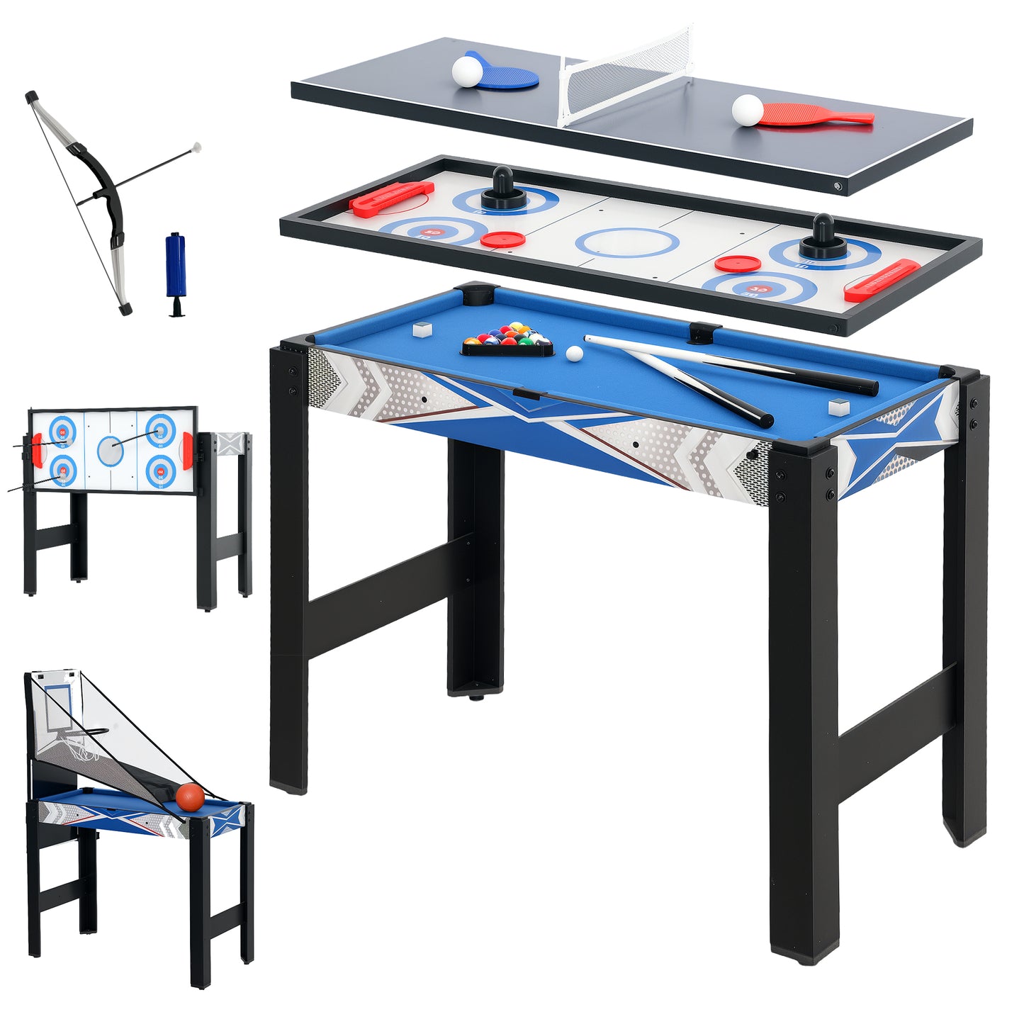 Photo of SPORTNOW 5-in-1 Multi Games Table, with Pool, Table Tennis, Basketball, Hockey, Archery, Blue in Blue colour on a white background