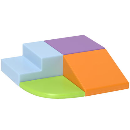 HOMCOM four-piece toddler soft play set with blue steps, purple block, orange ramp, and green pad