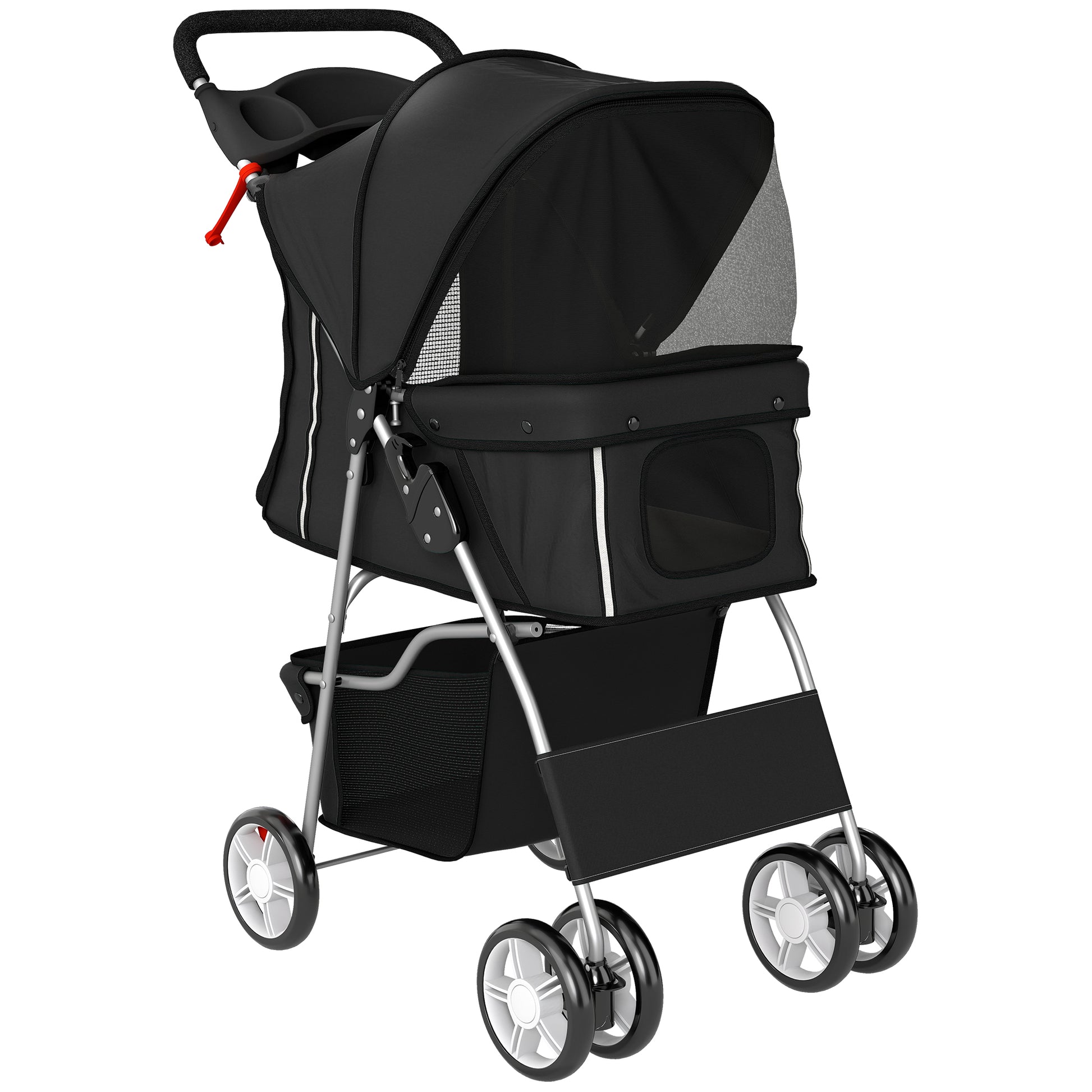 Photo of PawHut Dog Pram, Pet Stroller with Reflective Strips, Foldable Cat Stroller with 360° Swivel Wheels, Black in Black colour on a white background