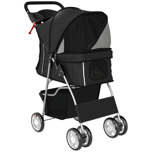 Photo of PawHut Dog Pram, Pet Stroller with Reflective Strips, Foldable Cat Stroller with 360° Swivel Wheels, Black in Black colour on a white background