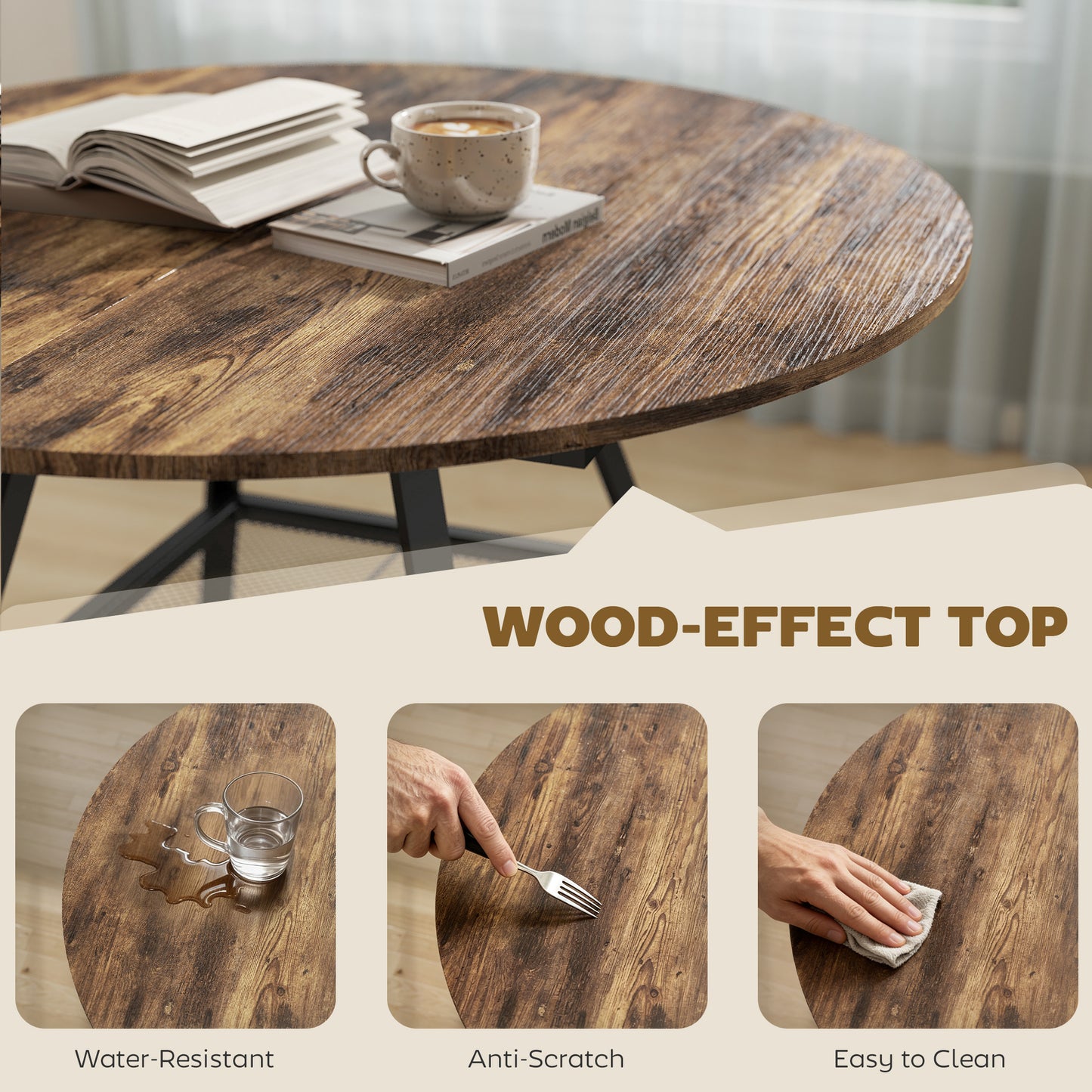 HOMCOM Dining Table for 4 People, 100 cm Round Industrial Kitchen Table with Storage Shelf, Rustic Brown