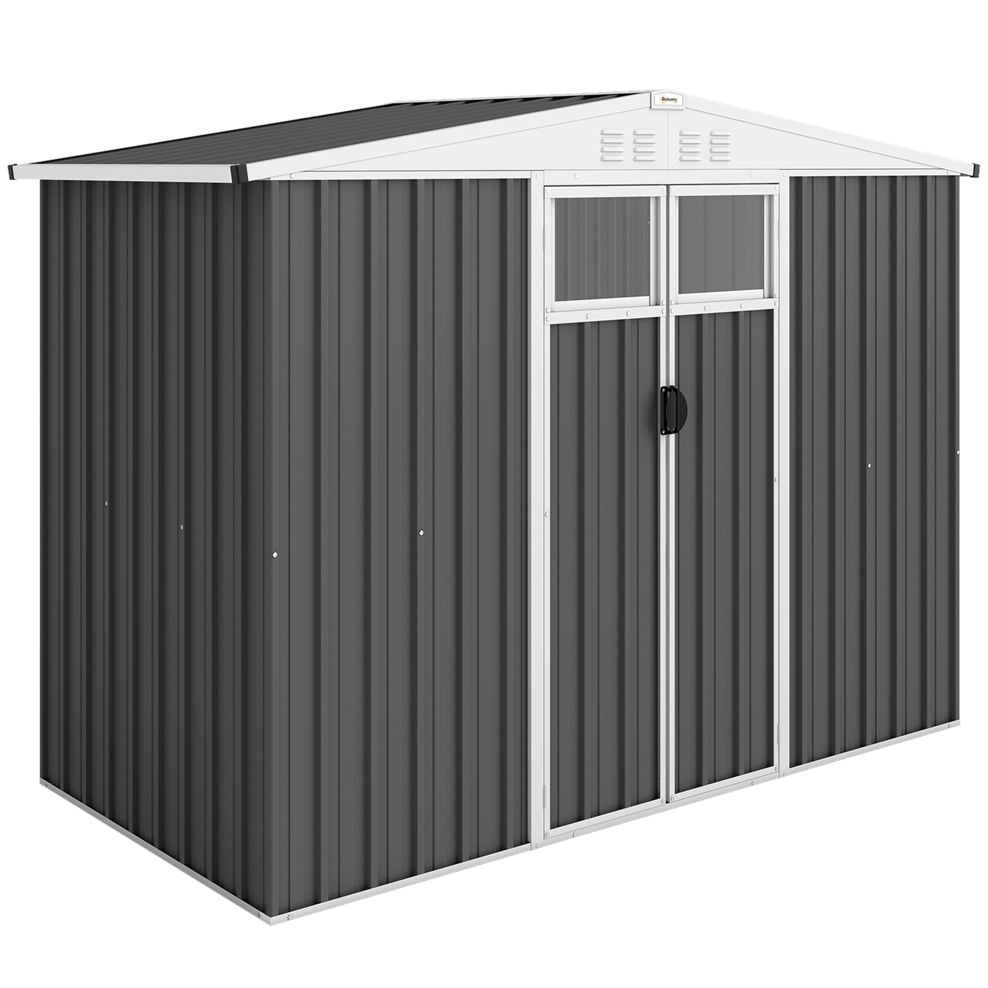 Photo of Outsunny 8 x 4 ft Metal Garden Shed, Garden Storage Shed with Window, 4 Vents and Lockable Door, Waterproof Galvanised Steel Tool Storage Cabinet, Dark Grey in Grey colour on a white background
