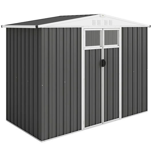 Photo of Outsunny 8 x 4 ft Metal Garden Shed, Garden Storage Shed with Window, 4 Vents and Lockable Door, Waterproof Galvanised Steel Tool Storage Cabinet, Dark Grey in Grey colour on a white background