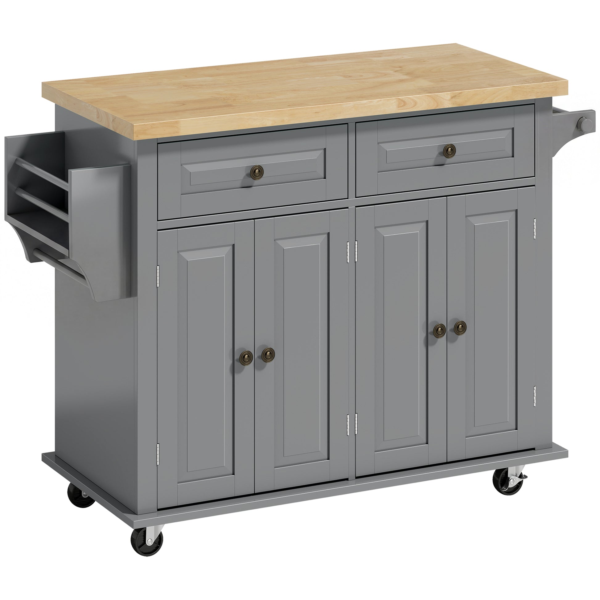 Photo of HOMCOM Rolling Kitchen Island Storage Trolley with Rubber Wood Top & Drawers for Dining Room, Grey in Grey colour on a white background