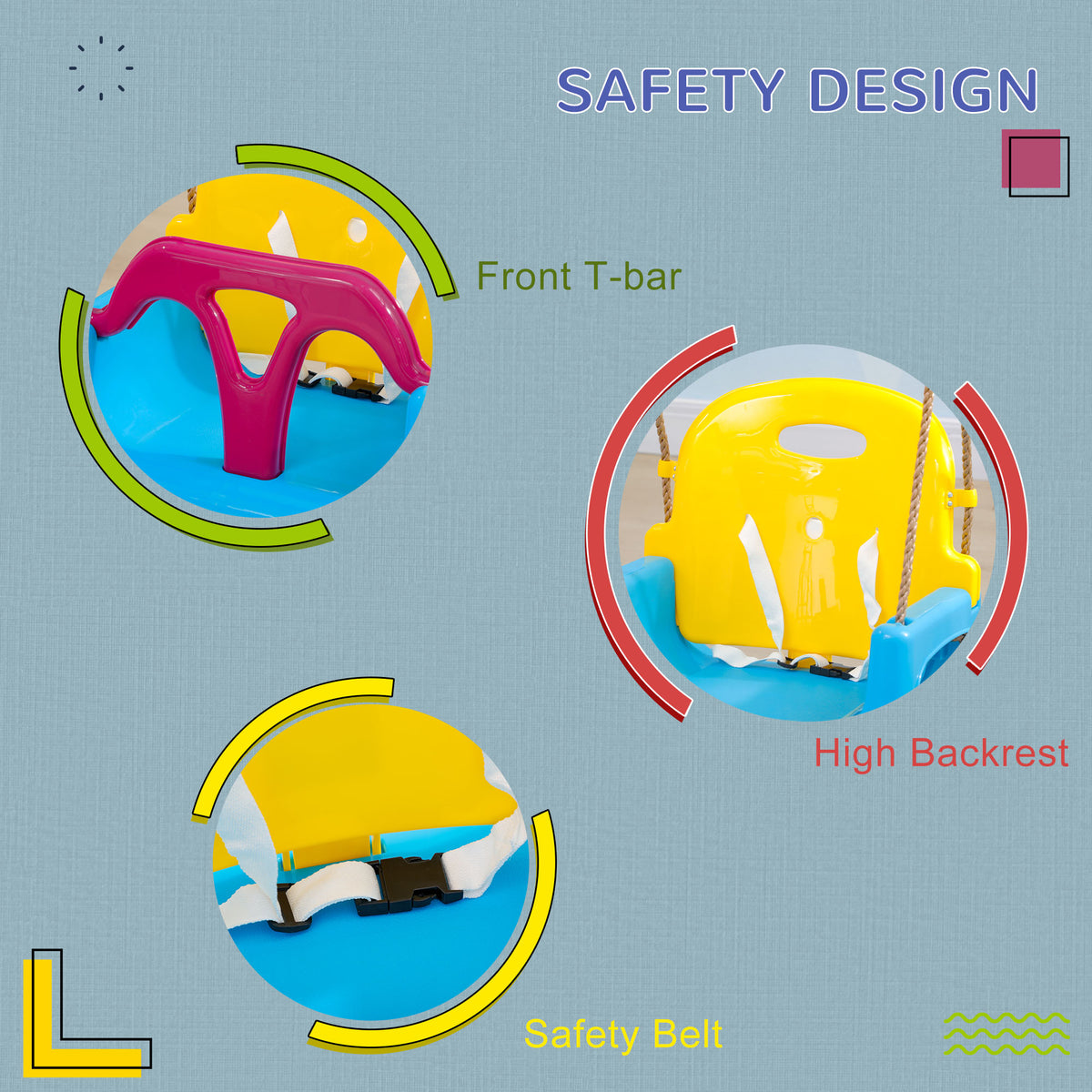 Outsunny kids swing safety details: front T-bar, high backrest and safety belt