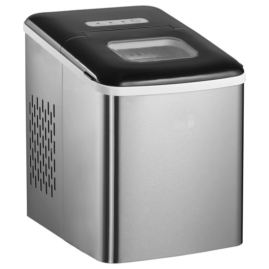 Photo of HOMCOM Ice Maker Machine Countertop, 9 Ice Cubes in 8 Mins, 12KG in 24Hrs, Self-Cleaning Portable Ice Cube Maker w/ Adjustable Ice Size, Ice Scoop, Basket, Stainless Steel, No Plumbing Required, Black in Black colour on a white background
