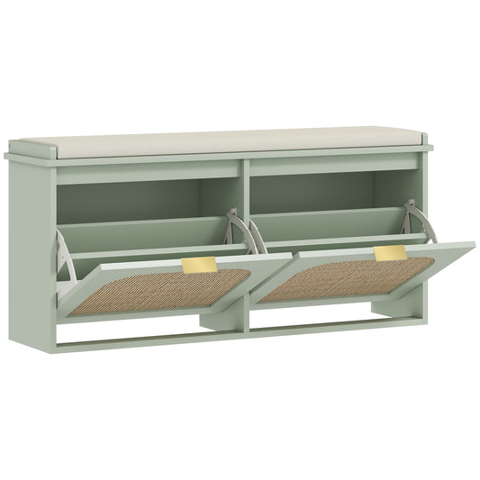 Photo of HOMCOM Boho Shoe Bench with Padded Seat and 2 Flip-Drawers - Light Green in Green colour on a white background