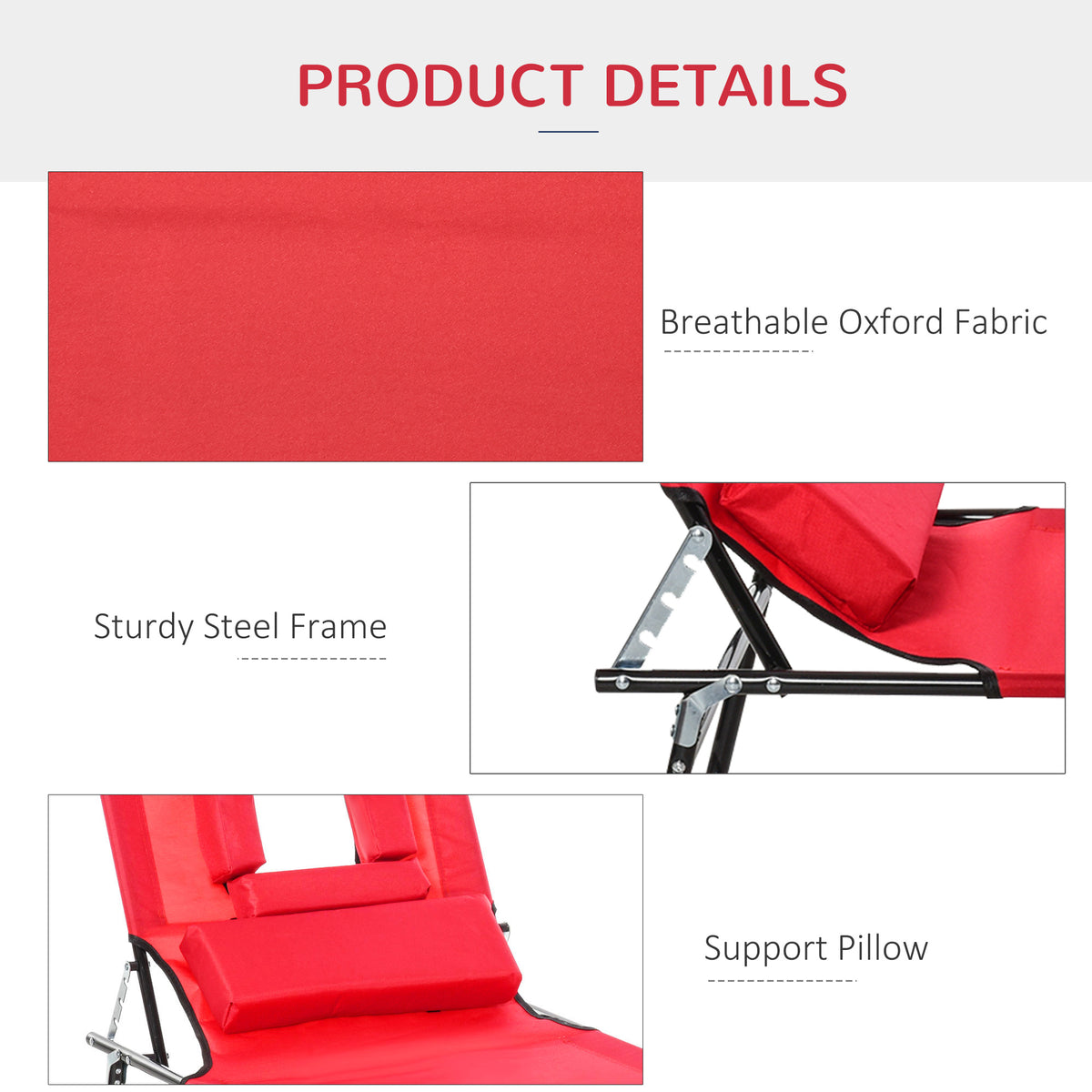 Outsunny Folding Sun Lounger with Face Hole, 4-Position Adjustable Backrest Garden Recliner Chair Sunbed, Outdoor Lounge Chair with 600 D Oxford Cloth Seat, Pillow for Beach, Red