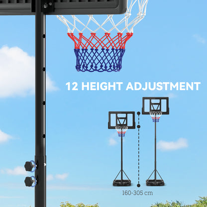 Basketball hoop pole with height adjustment holes and red, white, and blue net