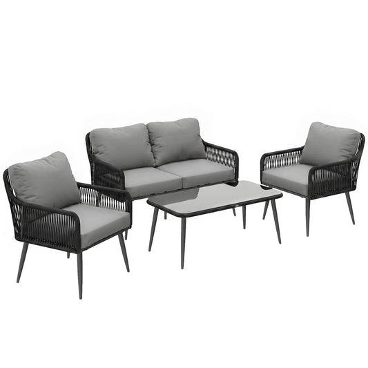 Photo of Outsunny Rattan Garden Furniture Set, 4 Piece Outdoor Patio Furniture with Tempered Glass Table and Chairs, Indoor Balcony Conservatory Set in Set colour on a white background