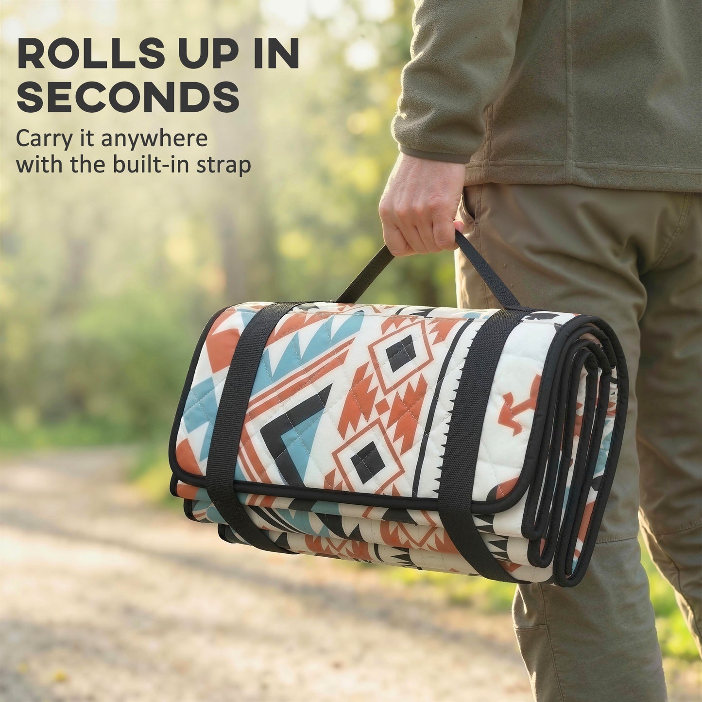 Outsunny Picnic Blanket, 200x200CM Large Beach Blanket Outdoor Picnic Mat with Integrated Strap for Camping, Mix-Colour