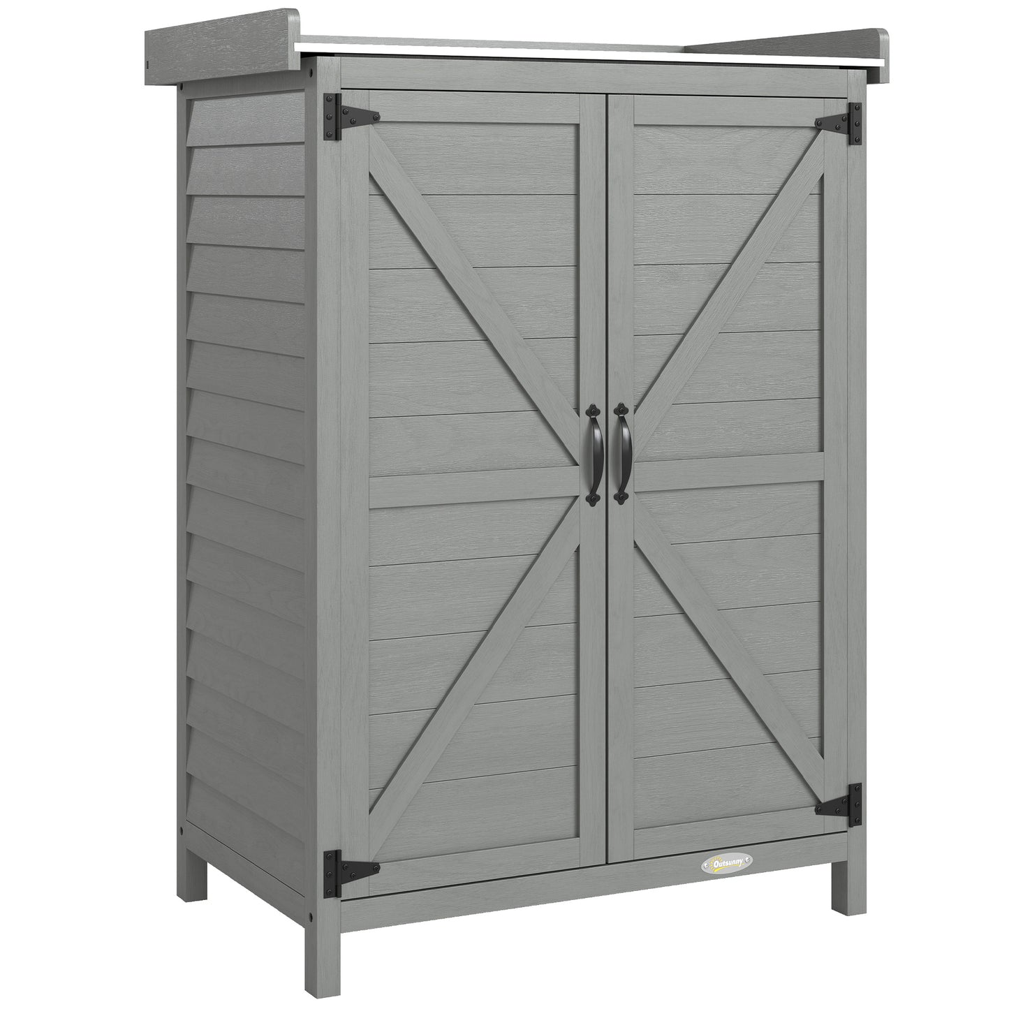 Photo of Outsunny Wooden Garden Shed, Garden Tool Storage Shed with Shelf and Side Hooks, 71.5 x 39 x 95 cm, Grey in Grey colour on a white background