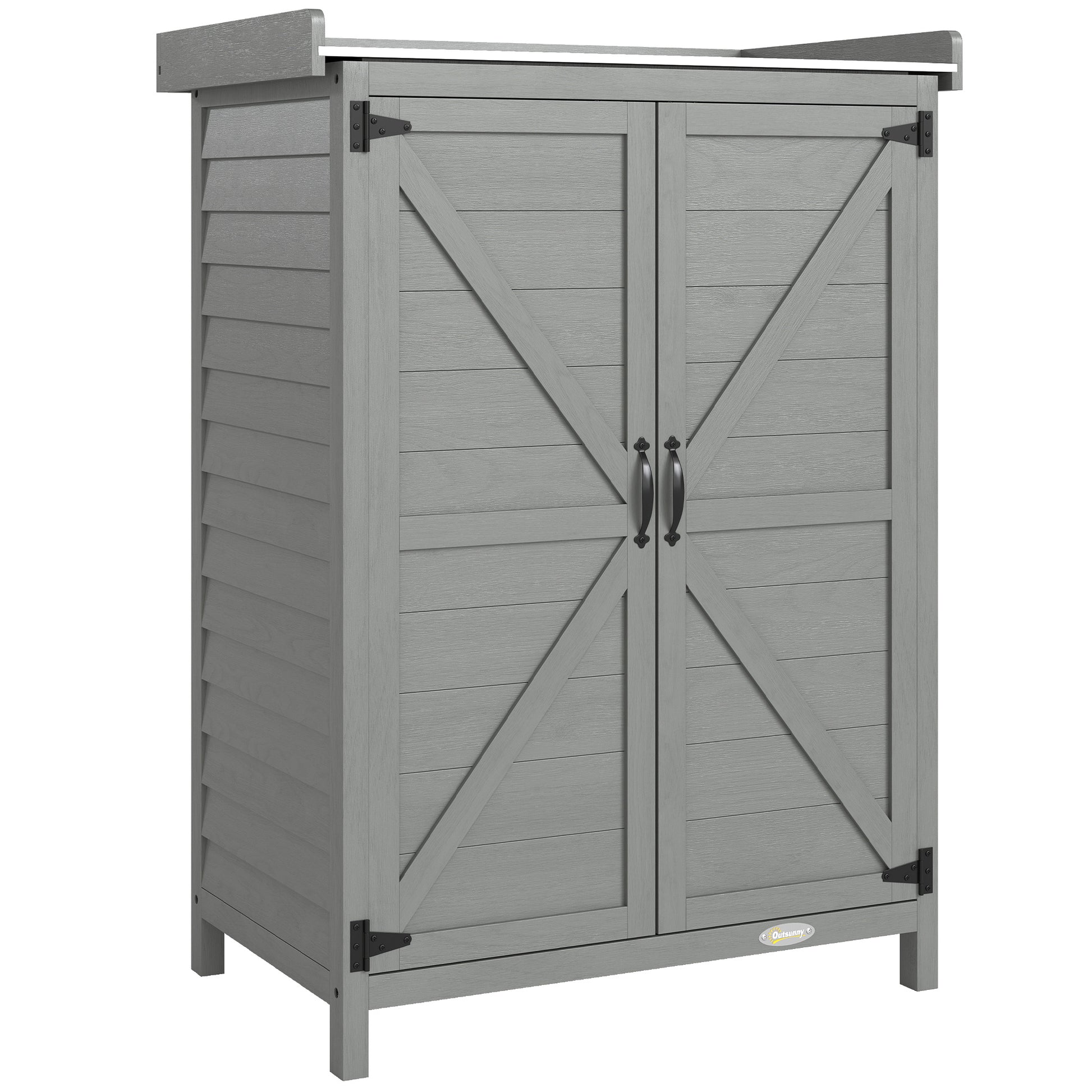 Photo of Outsunny Wooden Garden Shed, Garden Tool Storage Shed with Shelf and Side Hooks, 71.5 x 39 x 95 cm, Grey in Grey colour on a white background