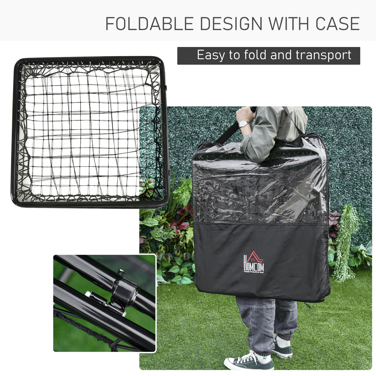 HOMCOM foldable rebounder net with carry case and frame hinge detail