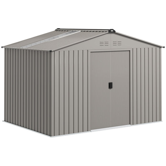 Photo of Outsunny Garden Storage Shed, Metal Outdoor Storage Shed House with Foundation Kit, Ventilation, Doors, 9 x 6FT, Grey in Grey colour on a white background