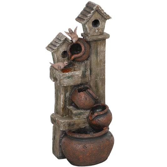 Photo of Outsunny 2-in-1 Waterfall Fountain with Birdhouse, Resin Garden Water Fountain with LED Lights Pump, Cascading Garden Water Feature with Tree Trunk Design, Multi-colour in Multi-colour colour on a white background