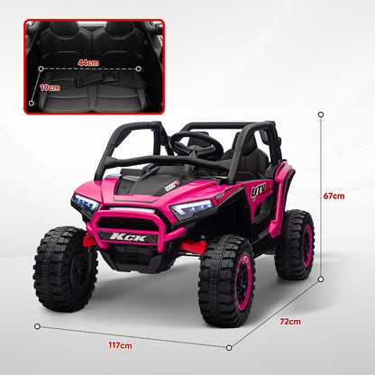 Pink two-seat ride-on truck with black seats, shown from the front with dimensions