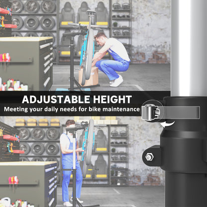 HOMCOM bike repair stand with adjustable height, shown at two working positions