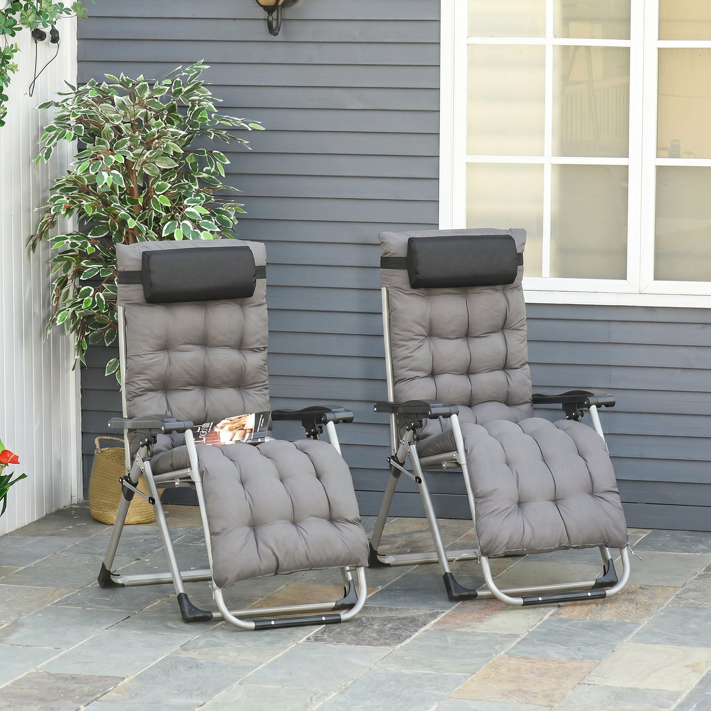 Outsunny 2pc Reclining Zero Gravity Sun Loungers ,Folding Chaise Lounge Chair with Cushions, Dark Grey