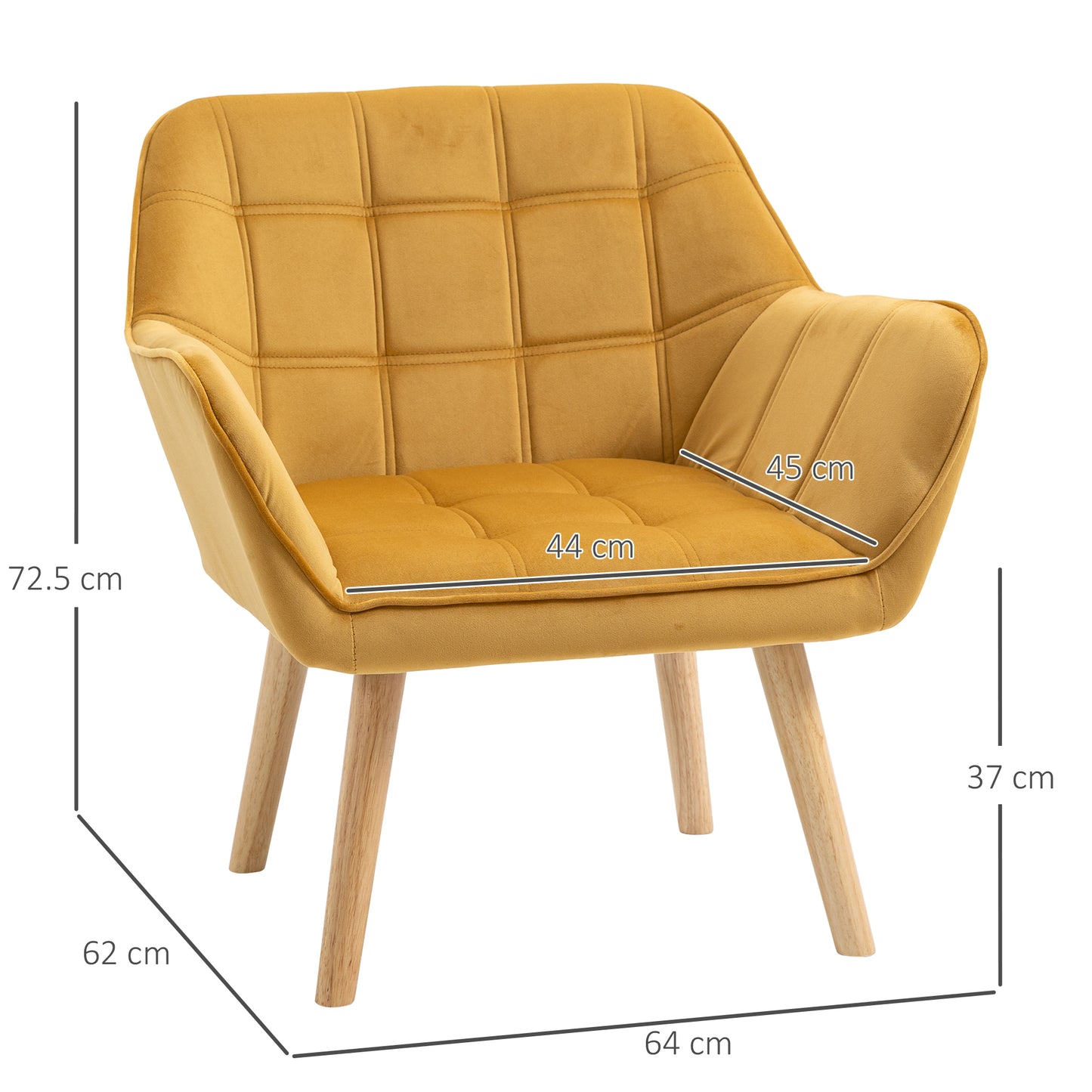 HOMCOM Accent Chair, Velvet Upholstered Vanity Tub Chair with Flared Armrests, Slanted Back, Solid Wood Legs, Comfy Padding Armchair, Home Bedroom Furniture Seating, Set of 2, Yellow
