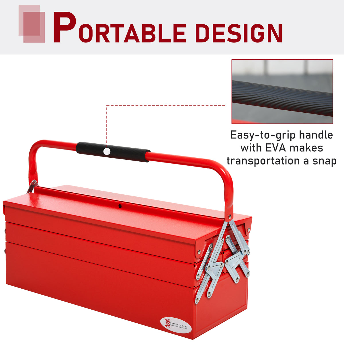 Red DURHAND toolbox with padded carry handle and folding metal tray connectors