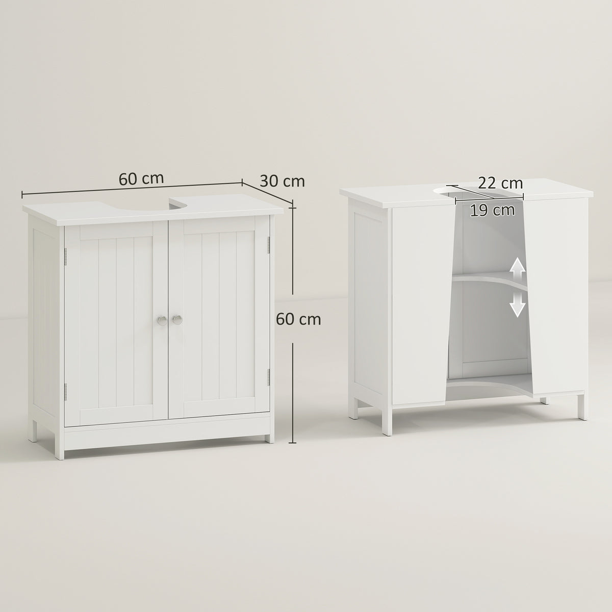 White two-door vanity cabinet, 60 cm wide and 60 cm high, with adjustable inner shelf
