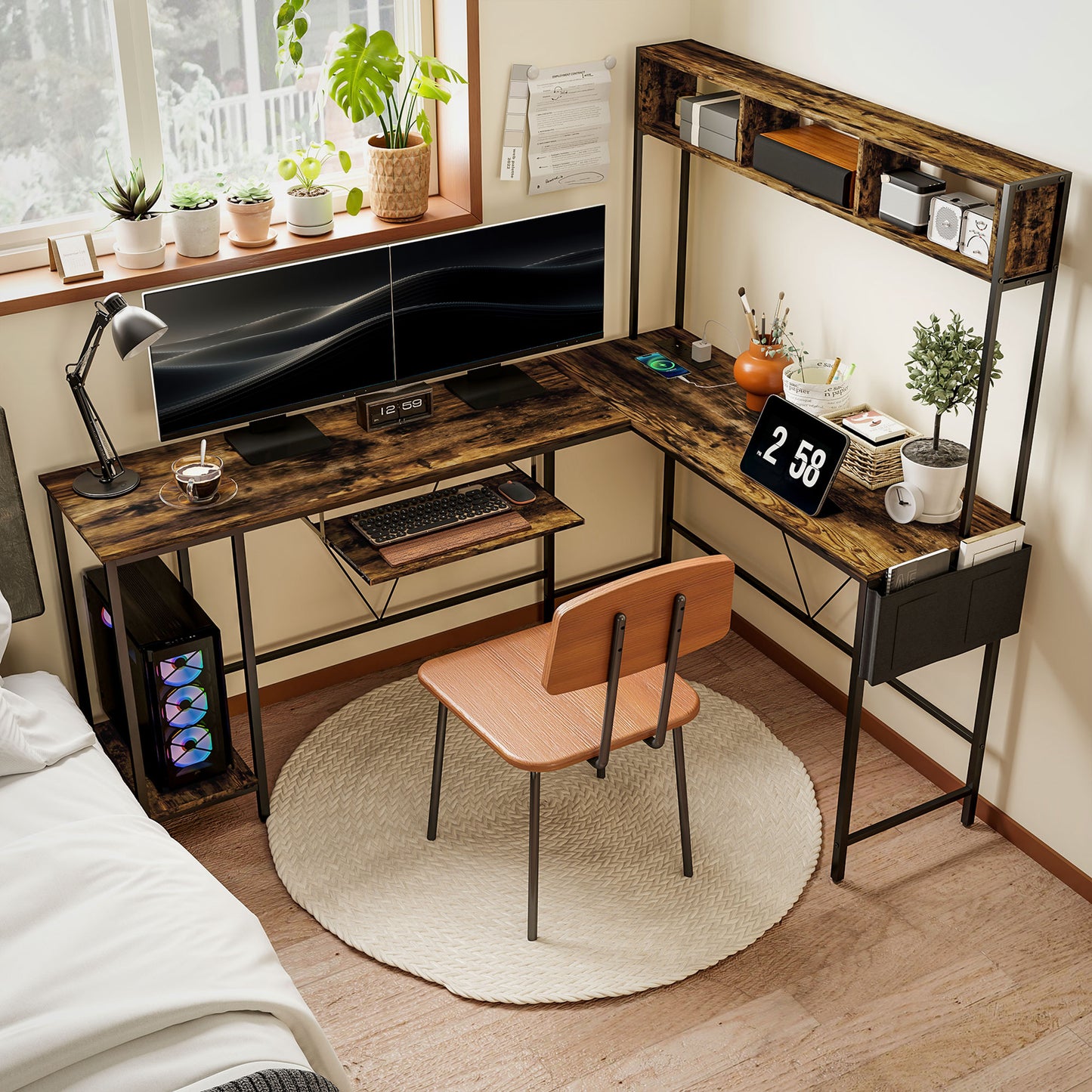 HOMCOM 160cm Reversible L Shaped Desk with Power Outlet, Industrial Corner Desk with Keyboard Tray, Rustic Brown