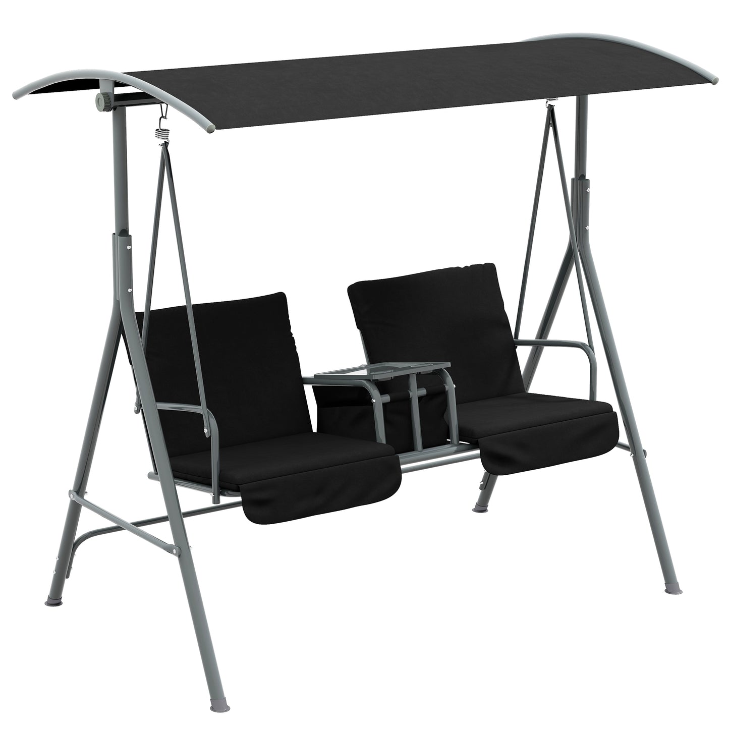 Photo of Outsunny 2 Seater Garden Swing Chair Patio Rocking Bench w/ Tilting Canopy, Double Padded Seats, Storage Bag and Tray, Black in Black colour on a white background