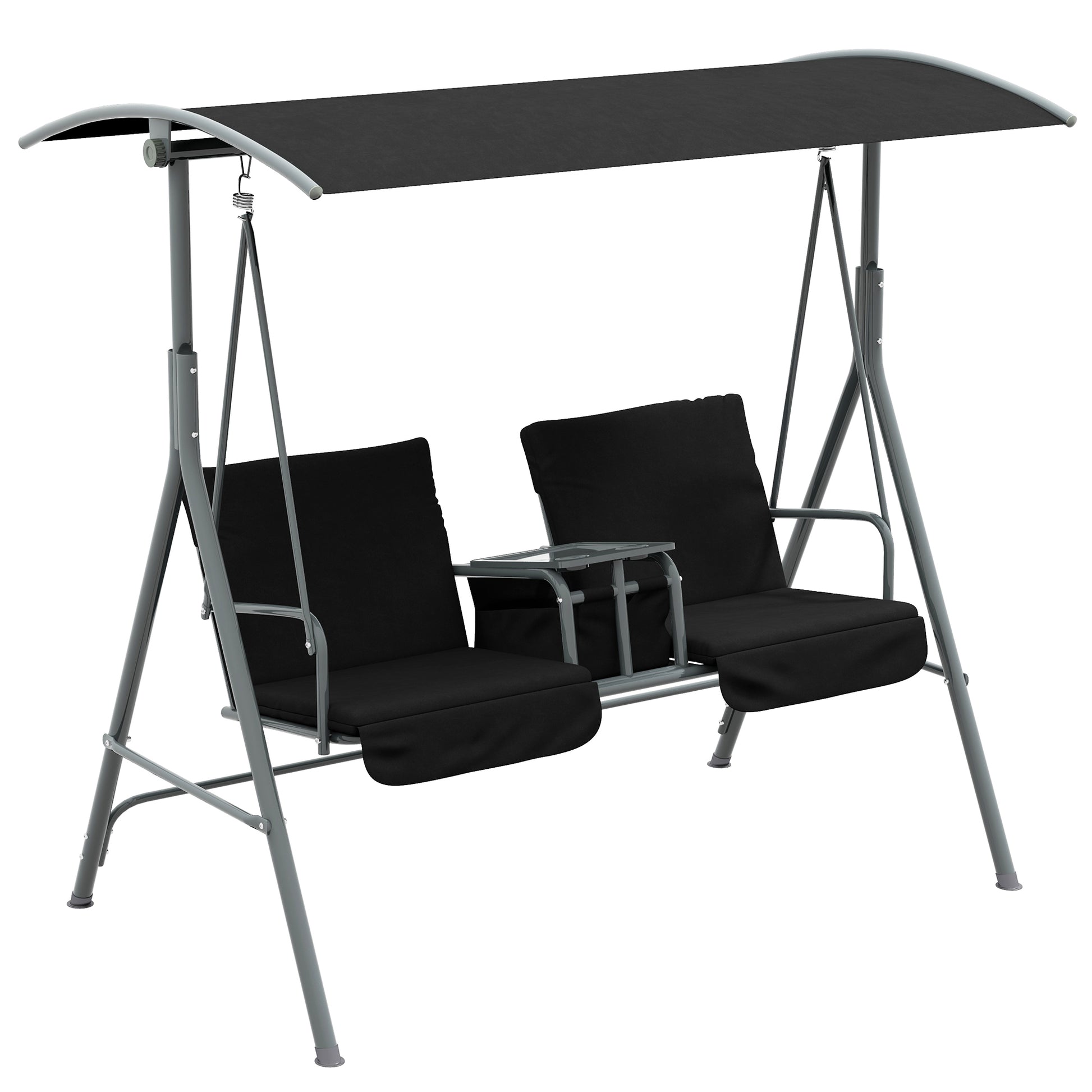 Photo of Outsunny 2 Seater Garden Swing Chair Patio Rocking Bench w/ Tilting Canopy, Double Padded Seats, Storage Bag and Tray, Black in Black colour on a white background