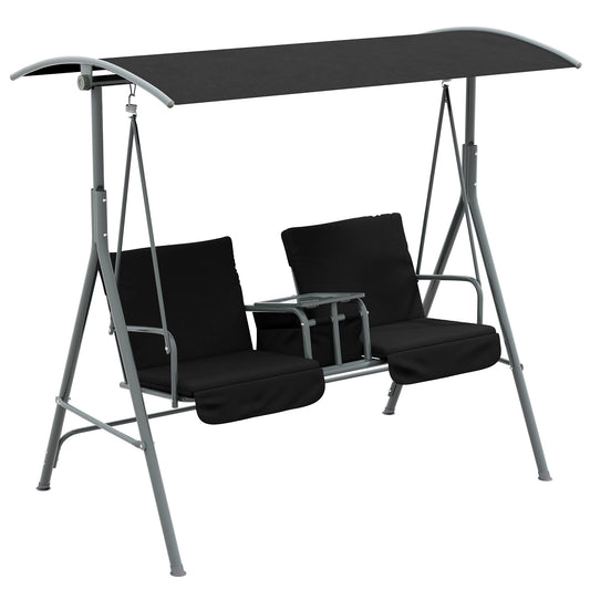 Photo of Outsunny 2 Seater Garden Swing Chair, Patio Swing Seat w/ Tilting Canopy, Double Padded Seats, Storage Bag and Tray For Garden Balcony Terrace Patio, Black in Black colour on a white background