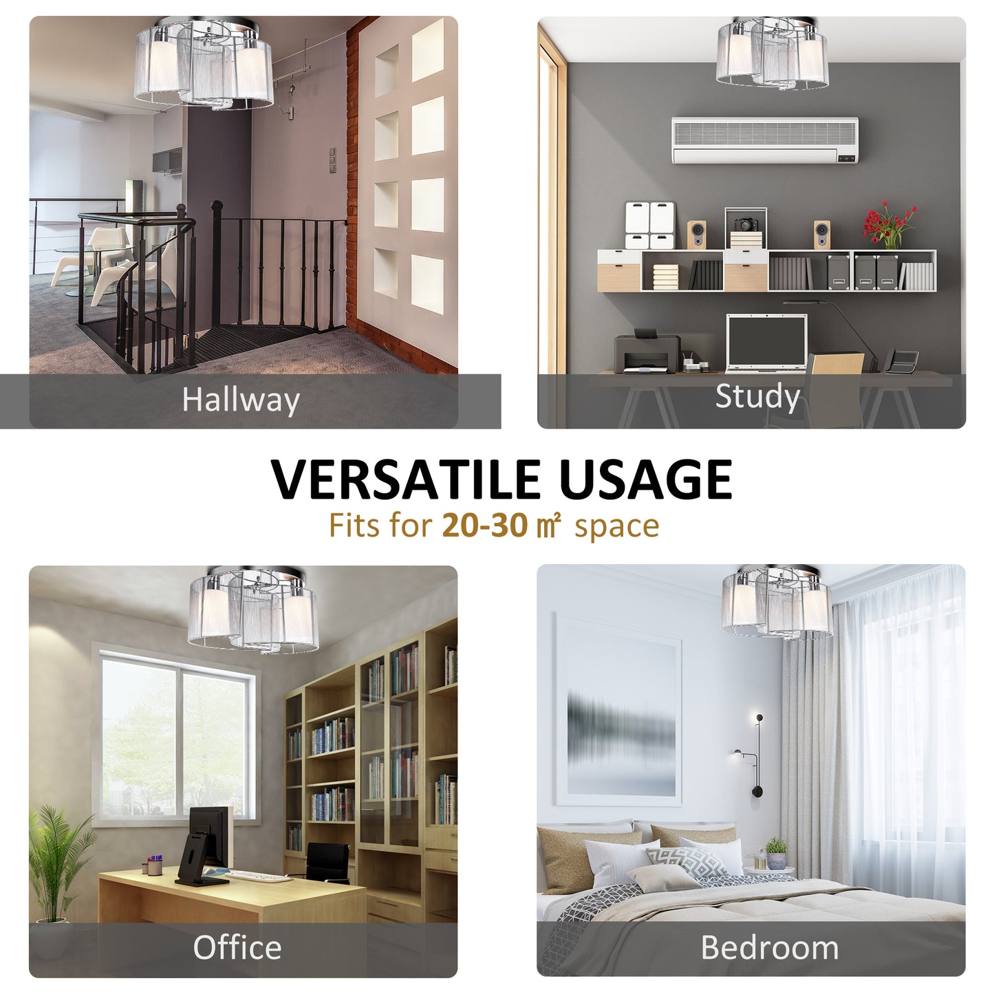 HOMCOM Modern Chandelier, Semi-Flush Mount Ceiling Light with Glass Lampshade, 2 x E27 Bulb Base for Hallway, Dining Room, Living Room, White and Silver