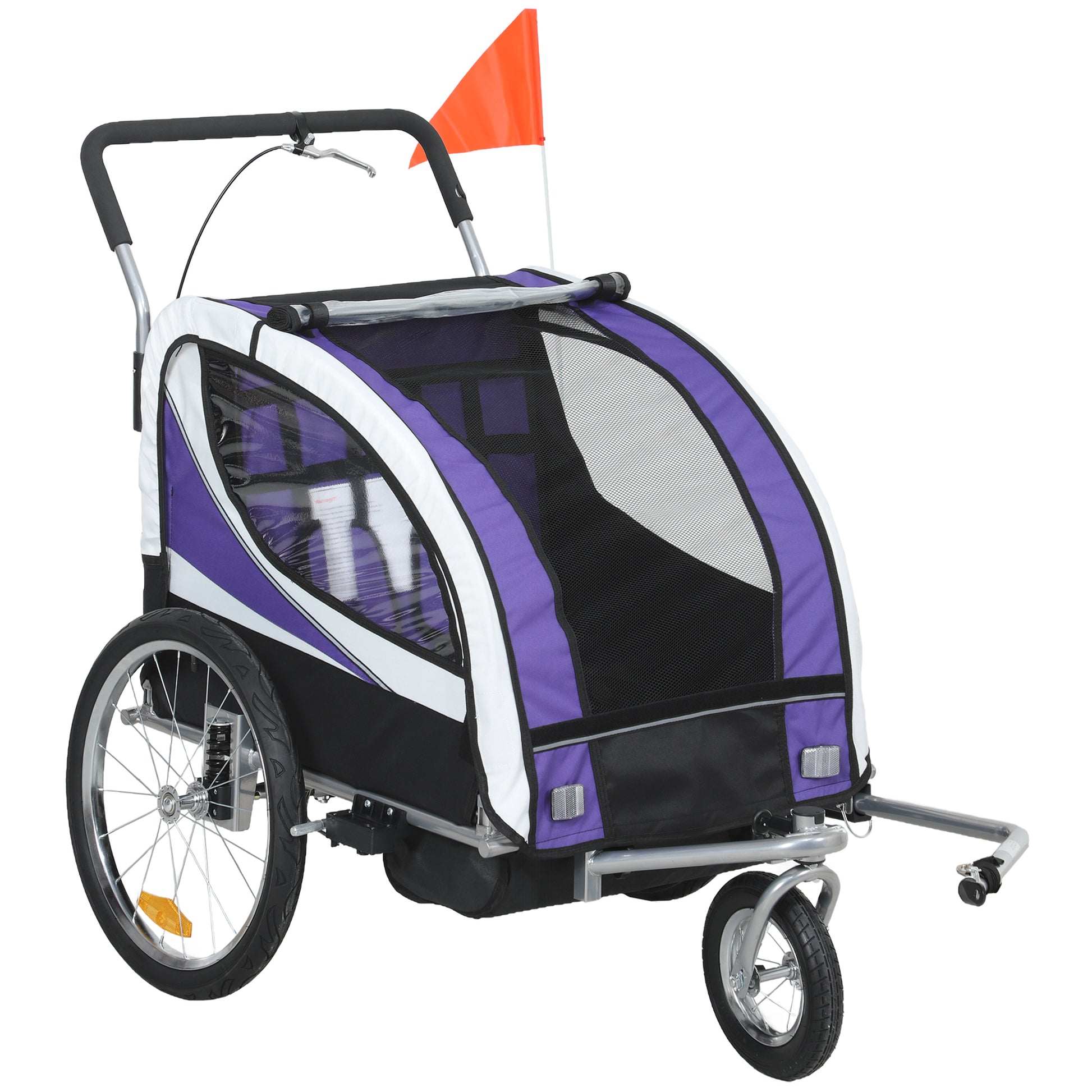 Photo of HOMCOM Baby Bike Trailer with 5 Point Harness, Steel Frame, Reflectors, Safety Flag, Hitch Coupler, Purple in Purple colour on a white background